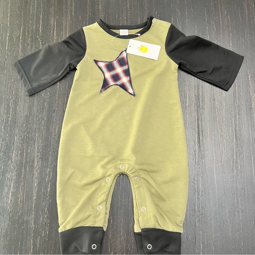 New! Little Sun Sz 3 mo Romper w/ Plaid Patchwork Detail Snaps for easy changing
